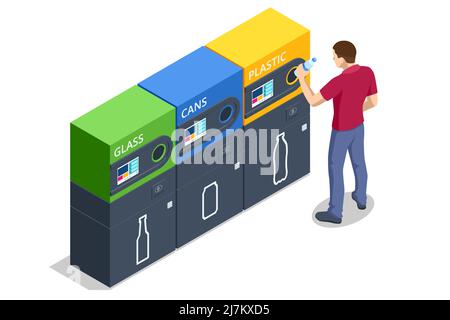 Isometrische Recycling-Maschine isoliert auf weiß. Mann stellte Flaschen in den Automaten. Reverse-Vending-Recycling-Maschine. Recycling-Maschine, die spendet Stock Vektor