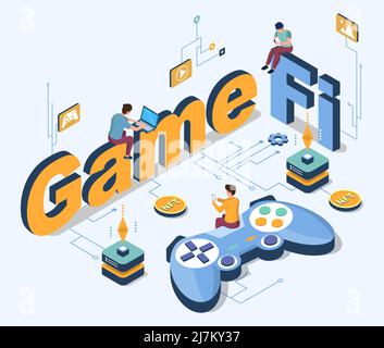 Gamefi-Konzept. Blockchain Game Vector 3D isometrisches Poster. Krypto, nft Art, Token und fungible Finance. Die Menschen verdienen Geld in Metaverse Stock Vektor