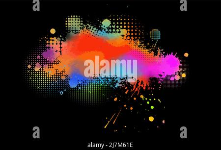 Vektor-Illustration von Happy Holi-Kartenvorlage. Auf schwarzem Hintergrund. Abstrakte bunte Blots Stock Vektor