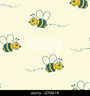 Nahtloses Vektor-Muster mit handgezeichneten Bienen auf gelbem Hintergrund. Einfache glücklich Hummel Tapete Design für Kinder. Stock Vektor