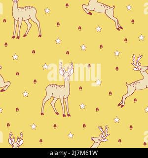 Nahtloses Vektormuster mit Hirsch und Sternen auf gelbem Hintergrund. Einfache Tier Tapete Design Dekorative Wintermode Textil. Stock Vektor