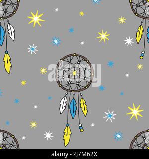 Nahtloses Vektor-Muster mit Traumfänger und Sternen auf grauem Hintergrund. Einfaches Talisman Tapetendesign. Zigeunermode Textil. Stock Vektor