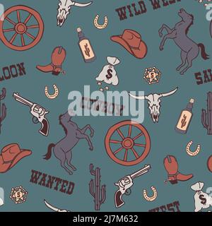 Nahtloses Vektormuster mit wildem West-Cowboy auf blauem Hintergrund. Einfaches handgezeichnetes Western-Tapetendesign. Dekorative Texas Fashion Textil. Stock Vektor