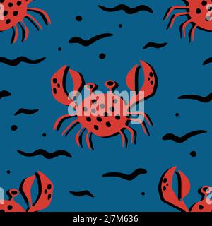 Nahtloses Vektormuster mit Krebsen auf blauem Hintergrund. Einfaches handgezeichnetes Sea Life Tapetendesign. Unterwasser Mode Textil. Stock Vektor