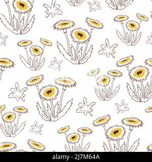 Nahtloses Vektormuster mit Dandelionen auf weißem Hintergrund. Einfache florale Linie Kunst Tapete Design. Künstlerische Blume Mode Textil. Stock Vektor