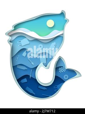 Plastik Wasserverschmutzung Konzept Fisch Papier Kunst Stock Vektor