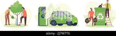 Das Konzept der Sorge um die Umwelt. Menschen Pflanzen einen Baum, sortieren Müll, recyceln organischen Abfall, ein Elektroauto lädt die Batterie von der Station. Öko-Illustration, umweltfreundlicher Lebensstil. Vektor flach. Stock Vektor