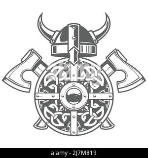Rundes wikingerschild mit keltischem Muster, gehörntem Barbaren-Helm und zwei gekreuzten Äxten, skandinavischer Rüstung, Vektor Stock Vektor