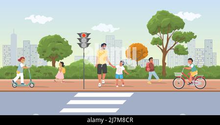 Kinder auf der Straße Szene Vektor Crosswalk auf der Straße Stock Vektor