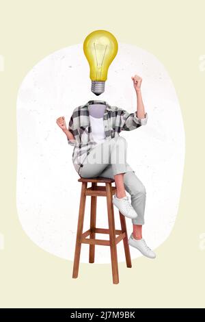 3D kreative abstrakte Vorlage Foto-Grafik Collage von Frau mit großen Idee steigenden Fäusten beige Farbe Hintergrund Stockfoto