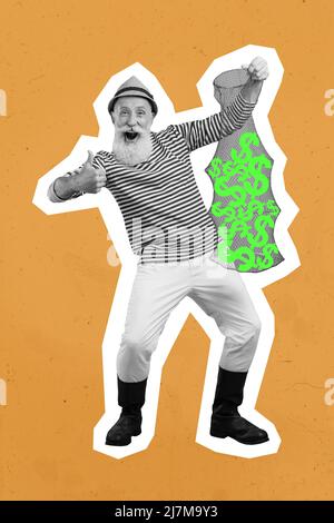 3D kreative abstrakte Vorlage Foto Grafiken Collage von reifen Mann empfehlen fangen Bargeld isoliert beige Farbe Hintergrund Stockfoto