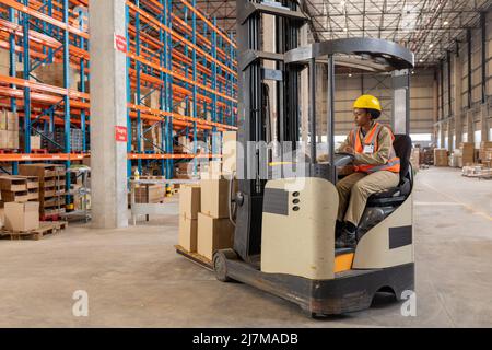 Volle Länge der afroamerikanischen jungen Arbeiterin, die Gabelstapler im Lager fährt Stockfoto