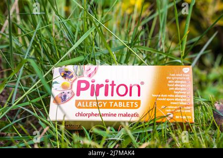 Eine Schachtel mit Piriton-Allergietabletten in einer Außenumgebung mit Gras Stockfoto