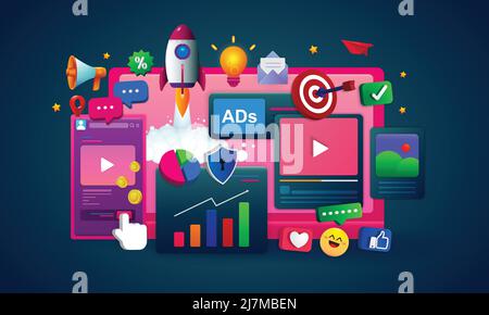 Digitales Marketingkonzept mit Icons, Symbolen Social Network und Medienkommunikation. Vorlage für Landing-Page. Vektor EPS10 Stock Vektor