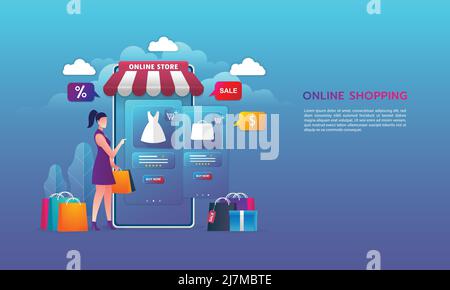 Online-Shopping auf der Website E-Commerce oder Handy-Anwendungen Vektor-Konzepte und digitales Marketing. Die Frau ist auf Handy einkaufen.Vektor Stock Vektor