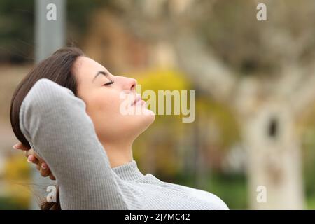 Profil einer entspannten Frau, die in einem Park sitzt Stockfoto