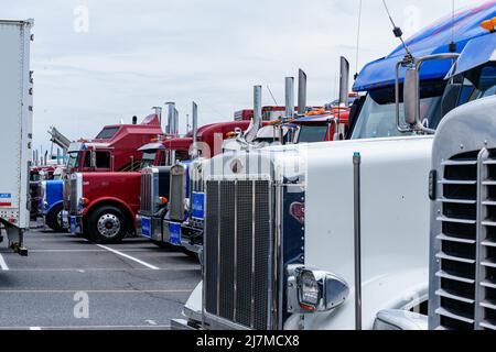 Manheim, PA, USA - 8. Mai 2022: Hunderte von Truckern bereiten sich auf den jährlichen Make-A-Wish Truck Conoy in Lancaster County vor. Das Ereignis, das ein c enthält Stockfoto