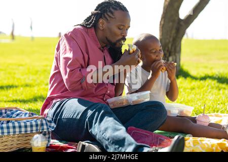 afroamerikanischer Vater und Sohn beim Essen während des sonnigen Tages Picknick im Park Stockfoto