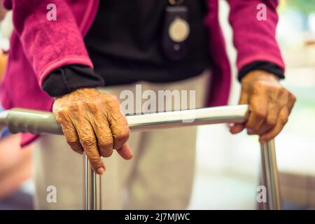 Alte ältere indisch-asiatische Frau, die mit einem Zimmer-Rahmen oder einem Gehrahmen läuft, Großbritannien Stockfoto