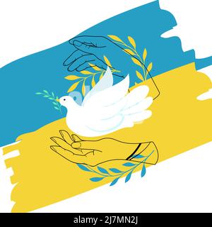 Menschliche Handflächen mit weißem Taubenfriedensymbol, blauer und gelber Flagge, Vektorgrafik Stock Vektor