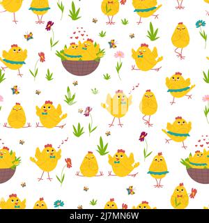 Niedliche Hühner in verschiedenen Posen, Blumen und Schmetterlinge nahtlose Muster. Osterhühner. Geflügel. Vektorgrafik Stock Vektor