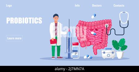 Vektor des Konzepts der Gastroenterologie. Ärzte im Dickdarm und Dünndarm untersuchen, behandeln Dysbiose. Der Gastroenterologe schaut sich schädliche Bakterien an. Gas Stock Vektor