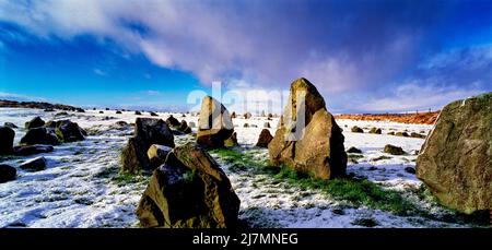 Beaghmore Steinkreise im Schnee, Sperrins, County Tyrone, Nordirland Stockfoto