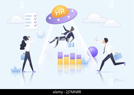 Auswahlprozess und Erfolg Auswahl des besten Talents durch ein professionelles Team von HR-Managern. UFO-Scheinwerfer und Arbeitgeber wählen Geschäftsmann in Anzug flache Vektor-Illustration. Rekrutierungskonzept Stock Vektor