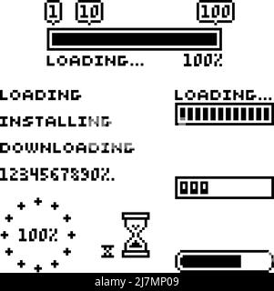 Pixel Art-Set aus ui-Elementen, Fortschrittsbalken, Text, Zahlen und Sanduhr Stock Vektor