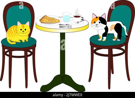 Eine Reihe von Cat Cafe mit weißem Hintergrund: Lebensmittel, Getränke, Katzen und Möbel Stock Vektor