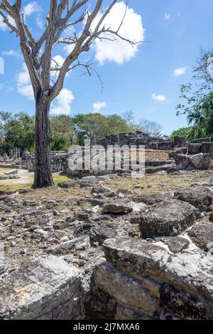 Gebäude der Central Plaza (El Palacio), archäologische Stätte San Gervasio Maya, Cozumel, Quintana Roo, Mexiko Stockfoto