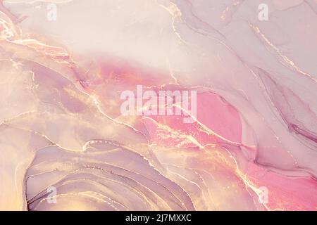 Abstrakte flüssige Tinte Malerei Hintergrund in rosa Farben mit goldenen Spritzern. Stockfoto