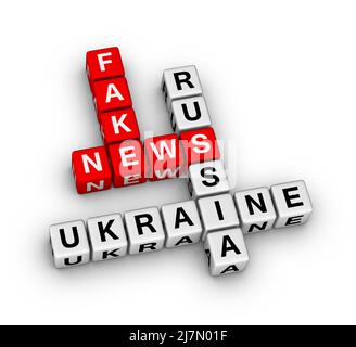 Fake News Russland Ukraine Krise Kreuzworträtsel. 3D Abbildung auf weißem Hintergrund Stockfoto