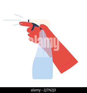 Handschuh mit Reinigungsspray einhändigen. Sprühen Fenster und Glas, Housekeeping Service Vektor Illustration Stock Vektor