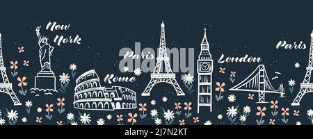 Hand gezeichnete Doodle Sehenswürdigkeiten nahtlose Muster, Reise Hintergrund, ideal für Textilien, Verpackung, Banner, Hintergrundbilder - Vektor-Design Stock Vektor