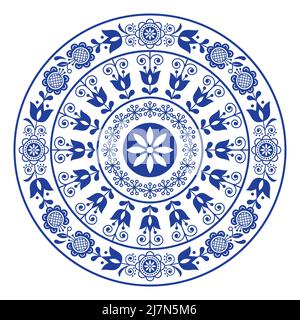 Skandinavische Volkskunst Vektor Mandala-Design, niedliches Muster mit Blumen Retro-Stil in Marineblau auf weißem Hintergrund Stock Vektor