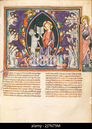 Die Cloisters Apokalypse ca. 1330 - die Apokalypse oder das Buch der Offenbarung, Johannes der Evangelist, Giovanni evangelista, während seines Exils auf der griechischen Insel Patmos. In diesem Bild - die Öffnung des Buches Stockfoto