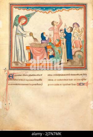 Die Cloisters Apokalypse ca. 1330 - die Apokalypse oder das Buch der Offenbarung, Johannes der Evangelist, Giovanni evangelista, während seines Exils auf der griechischen Insel Patmos. Auf diesem Bild - die fünfte Schale Stockfoto