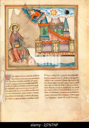 Die Cloisters Apokalypse ca. 1330 - die Apokalypse oder das Buch der Offenbarung, Johannes der Evangelist, Giovanni evangelista, während seines Exils auf der griechischen Insel Patmos. In diesem Bild - das Neue Jerusalem Stockfoto