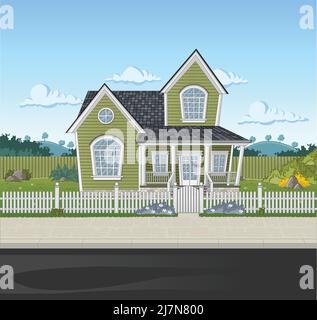Buntes Haus in Vorstadtviertel. Grüne Parklandschaft mit Gras, Bäumen, Blumen und Wolken. Stock Vektor