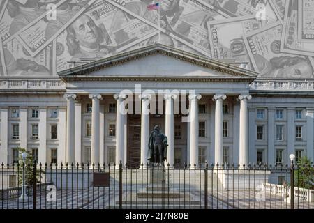 Das Department der Vereinigten Staaten von Amerika des Finanzgebäudes in Washington D.C., USA, wird über einer Sammlung von 100-Dollar-Scheinen überlagert dargestellt. Stockfoto