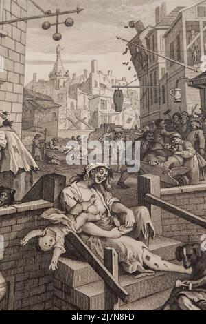 Radierung und Gravur auf Papier mit dem Titel „Gin Lane“ von William Hogarth aus dem Jahr 1751 Stockfoto