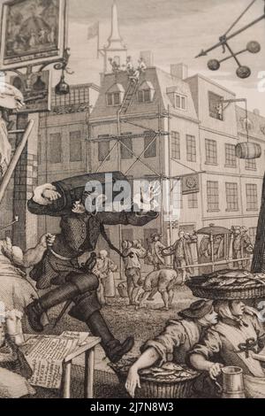 Radierung und Gravur auf Papier mit dem Titel „Beer Street“ von William Hogarth aus dem Jahr 1751 Stockfoto