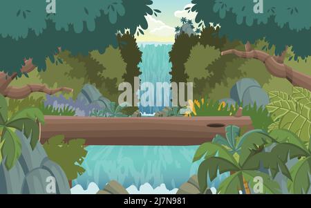 Grüner Wald mit Wasserfall. Naturlandschaft. Stock Vektor