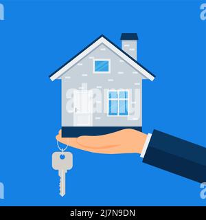 Ein neues Zuhause kaufen. Immobilienmakler gibt einem Käufer einen Schlüsselbund für das Haus. Vektorgrafik. Eps 10 Stock Vektor