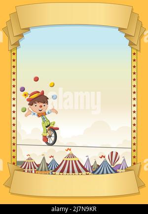 Poster mit Cartoon-Clown jongliert auf Drahtseilakt über Retro-Zirkus. Vintage Karnevalsbanner mit Bändern. Stock Vektor