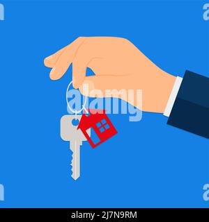 Ein neues Zuhause kaufen. Immobilienmakler gibt einem Käufer einen Schlüsselbund für das Haus. Vektorgrafik. Eps 10 Stock Vektor
