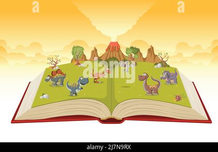 Offenes Buch mit Vulkan und lustigen Cartoon-Dinosauriern. Prähistorische Naturlandschaft. Stock Vektor