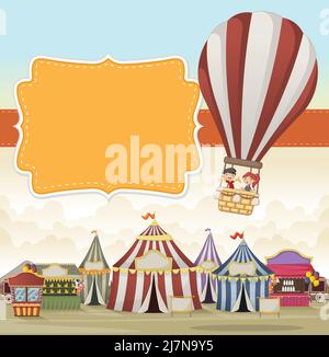 Cartoon Kinder in einem Heißluftballon fliegen über Cartoon Zirkus. Vintage Karneval Hintergrund. Stock Vektor