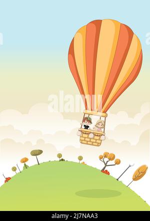 Cartoon-Kinder in einem Heißluftballon fliegen über einen grünen Park Stock Vektor